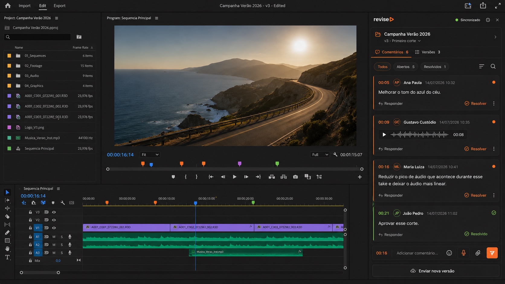 Premiere Pro com o painel lateral do Revise exibindo comentários, versões e envio de nova versão